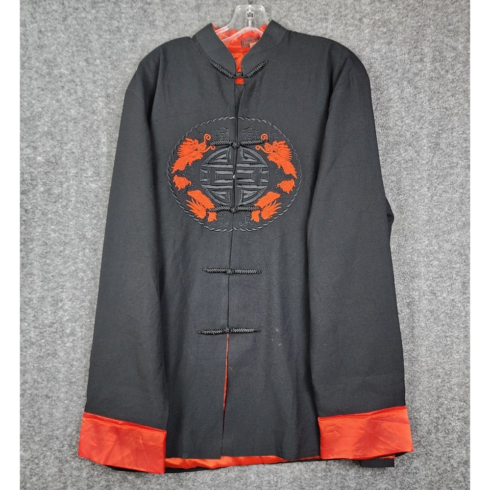 Silver Dragon Tang Jacket Men XXL Black Red Embroidered Traditional Frog Closure
